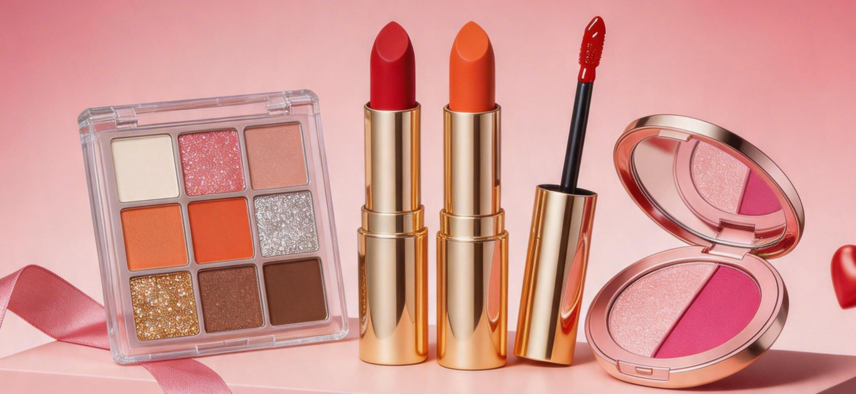 A cosmetics set featuring a 9-shade eyeshadow palette, two gold lipstick tubes (one red, one orange), a lip gloss wand, and an open pink blush compact, arranged on a pink background with a pink ribbon.
