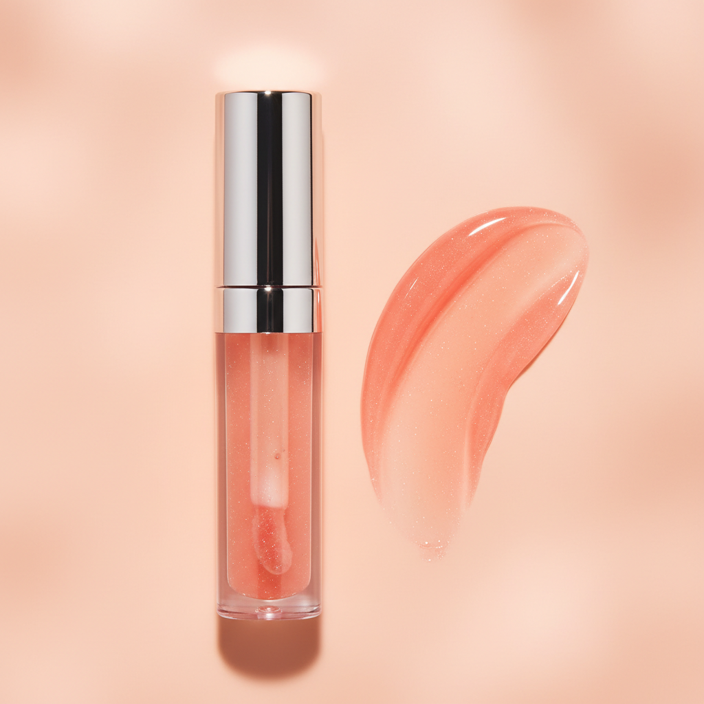 Coral Peach Lip Gloss with swatch on peach background