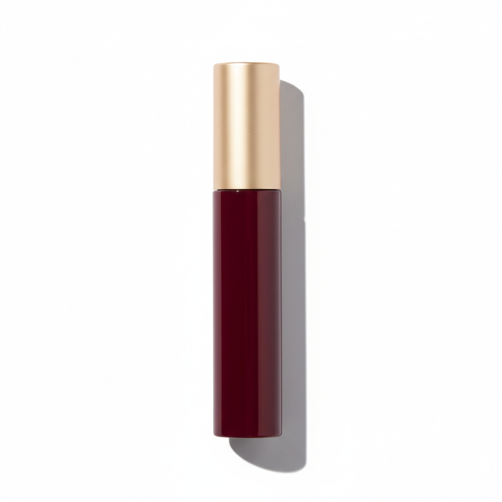 Burgundy Red mascara tube with matte gold cap on white background