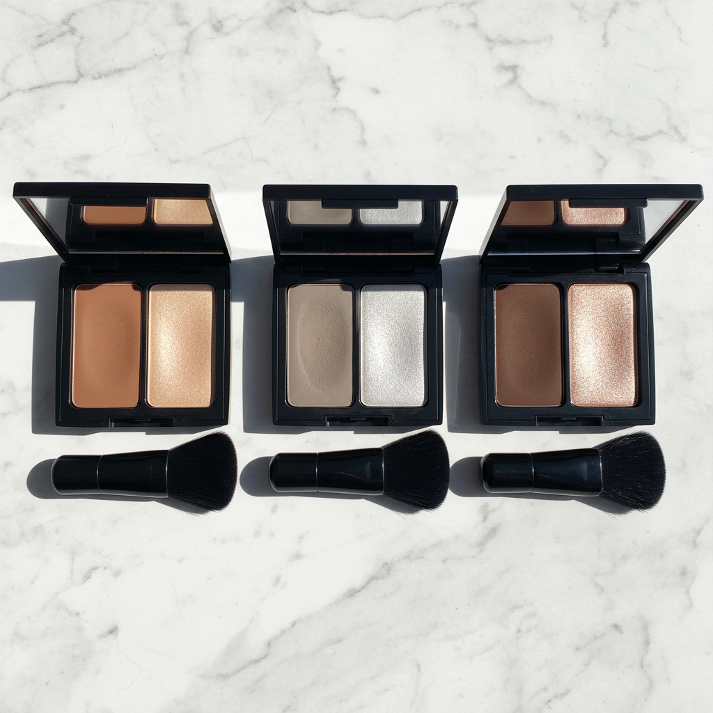 Three contour highlight duo compacts side by side on white marble