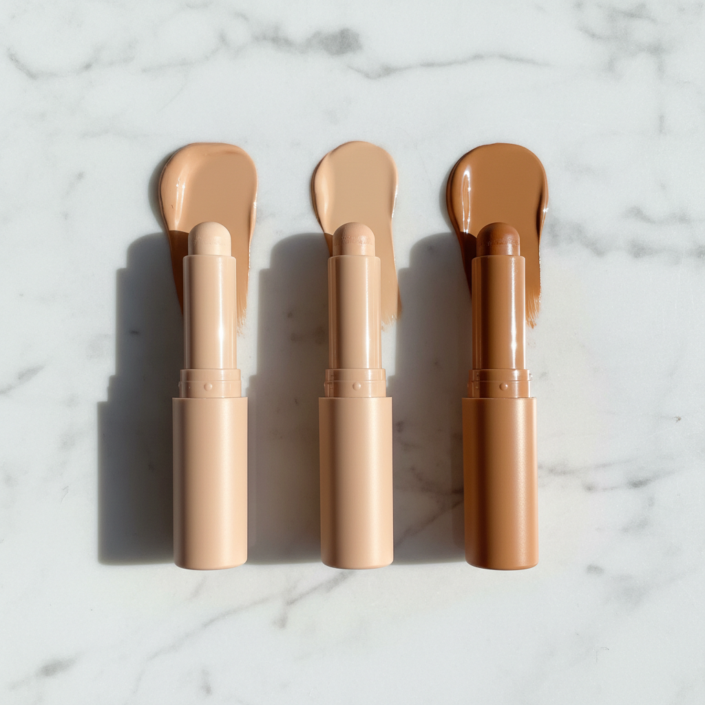 Three concealer sticks in ivory, medium beige and caramel tan with swatches on white marble