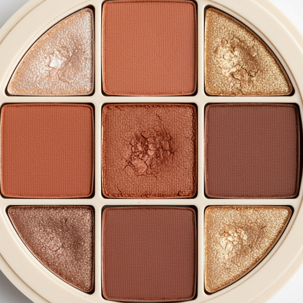 Close-up of matte and shimmer eyeshadow pan texture detail in warm earth tones