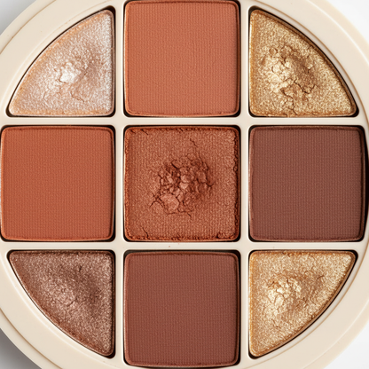 Close-up of matte and shimmer eyeshadow pan texture detail in warm earth tones