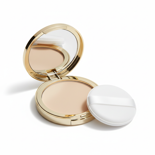 Ivory Beige pressed powder compact open with mirror and white puff on white background