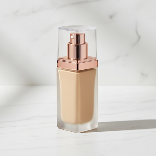 Ivory Beige liquid foundation in frosted glass bottle with rose gold pump on white marble