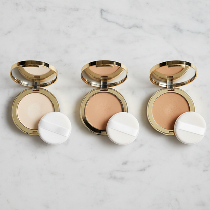 Three pressed powder compact shades arranged in a row on white marble