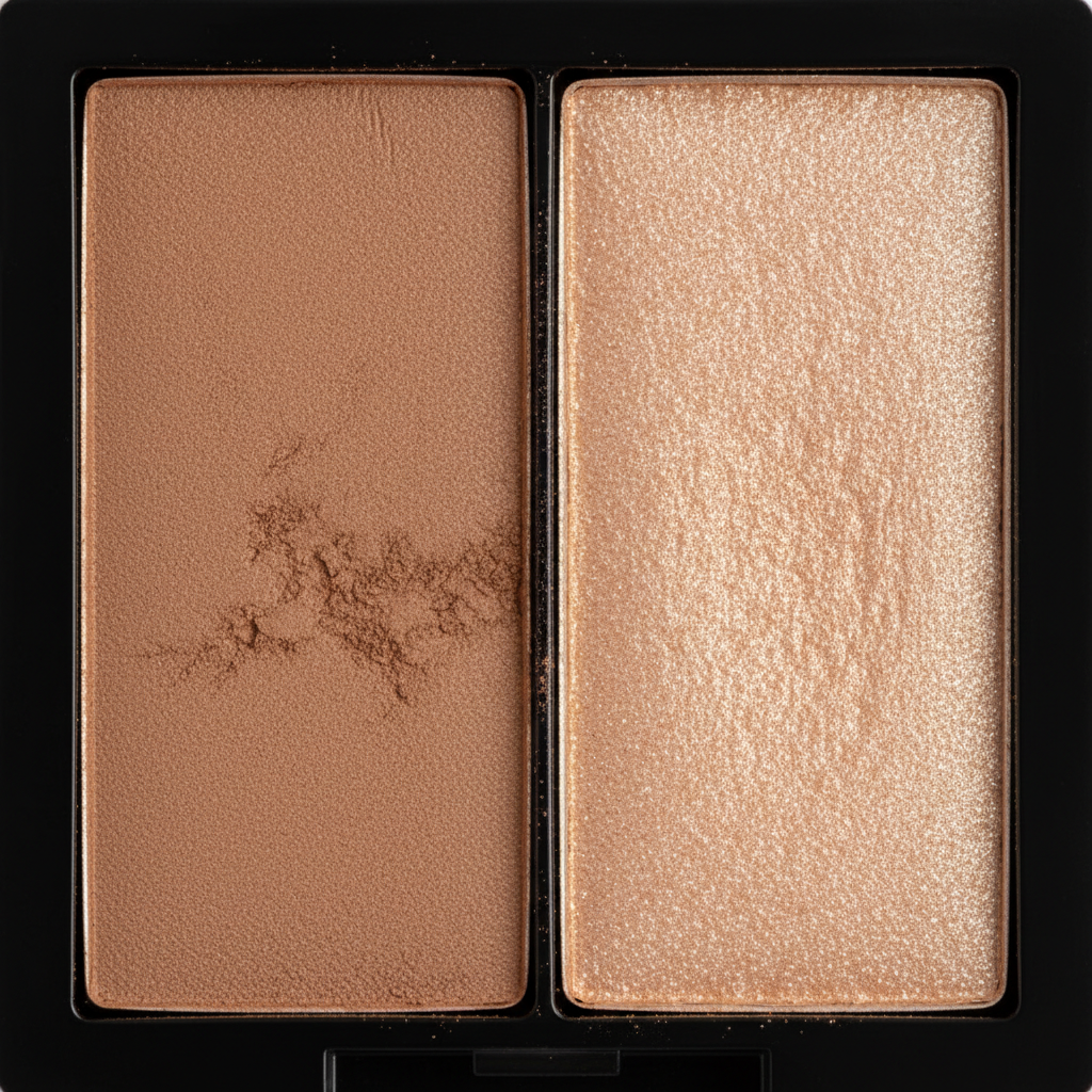 Close-up of matte contour and shimmer highlight powder texture in compact