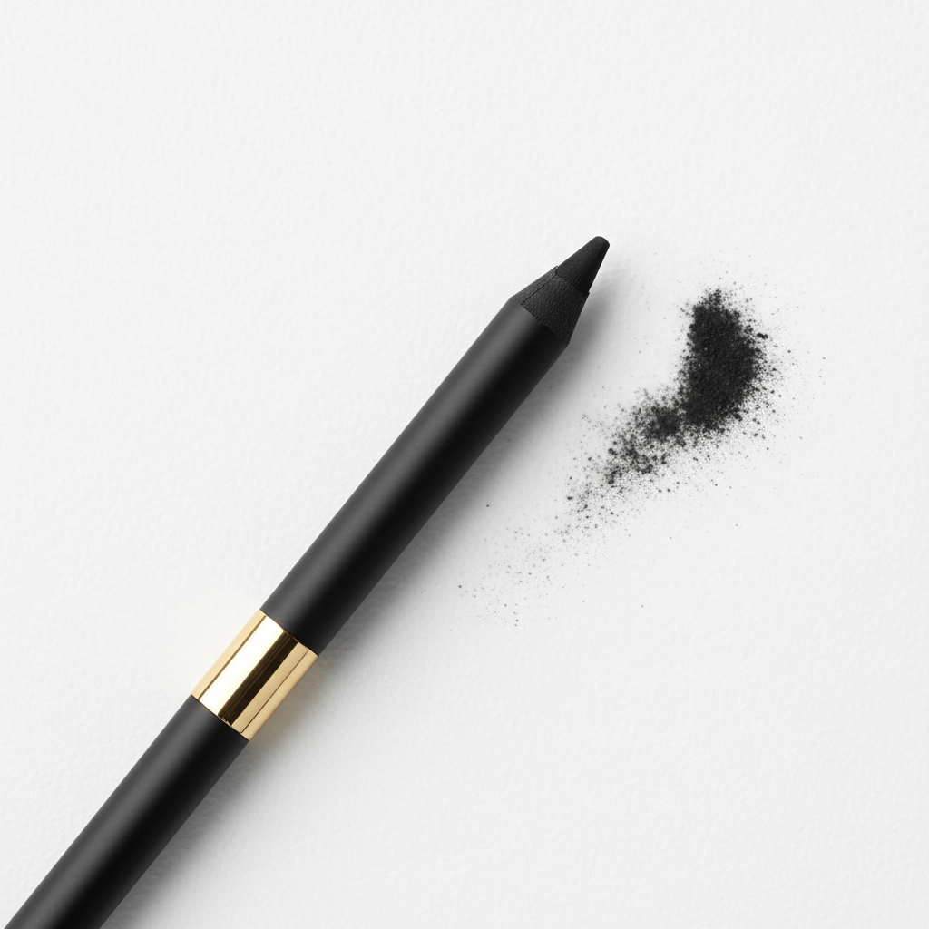 Jet Black kohl eyeliner pencil with gold ring and smudge swatch on white