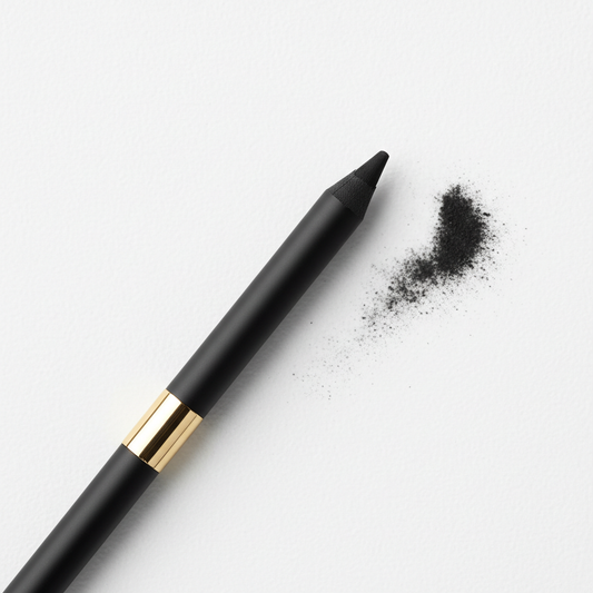 Jet Black kohl eyeliner pencil with gold ring and smudge swatch on white