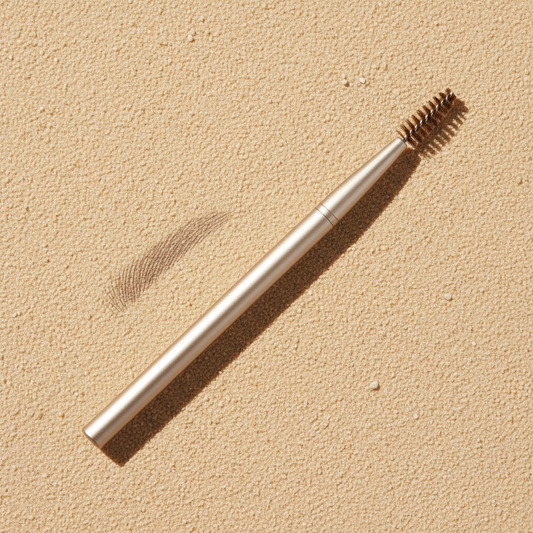 Taupe eyebrow pencil with spoolie and hair-stroke swatch on beige surface