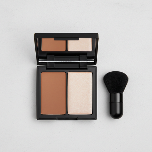 Warm Brown and Champagne contour highlight duo compact open with kabuki brush on grey background