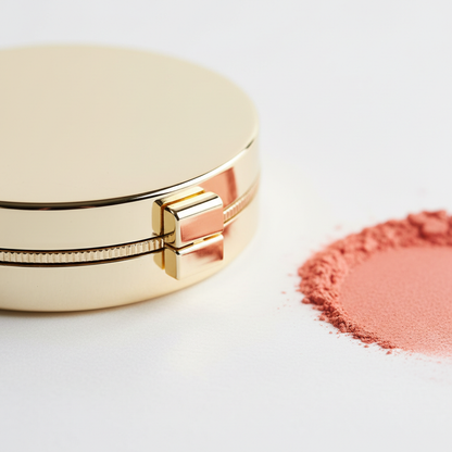 Gold blush compact closed side profile with powder swatch