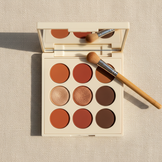Warm Earth 9-pan eyeshadow palette open with bamboo brush on cream linen