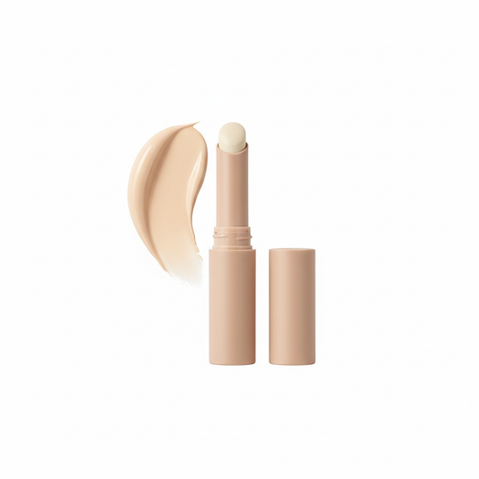 Ivory Beige concealer stick with cap and cream swatch on white background