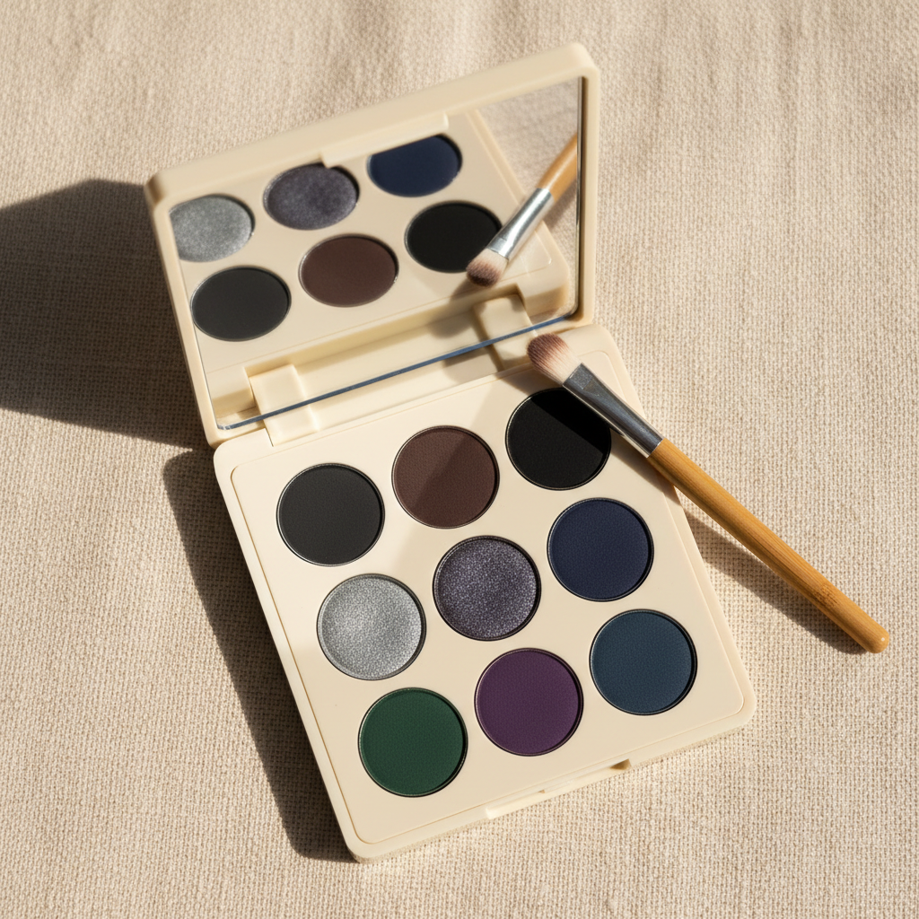 Smoky Deep 9-pan eyeshadow palette open with bamboo brush on cream linen
