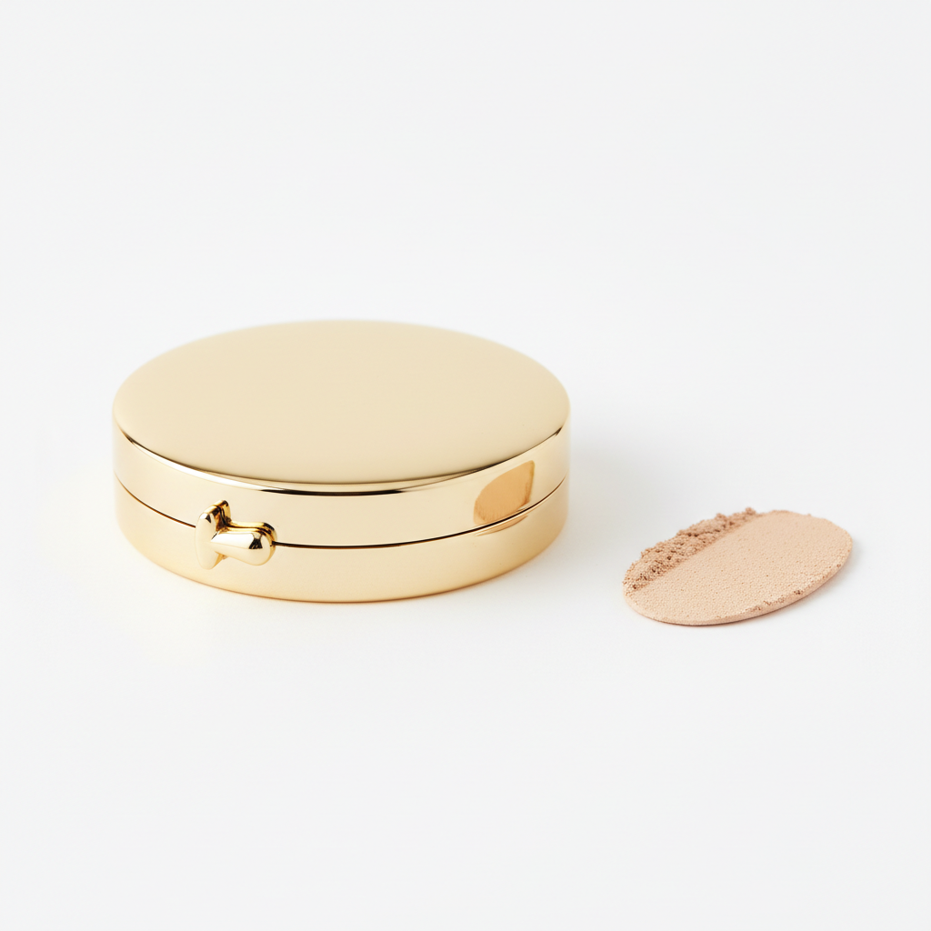 Closed gold pressed powder compact side profile with powder swatch on white surface