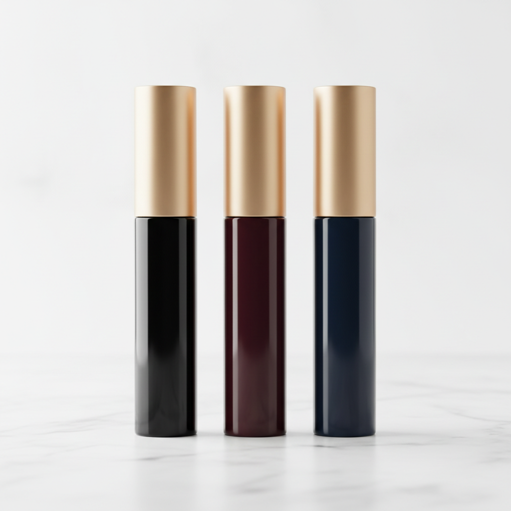 Three mascara tubes in black, burgundy and navy on white marble