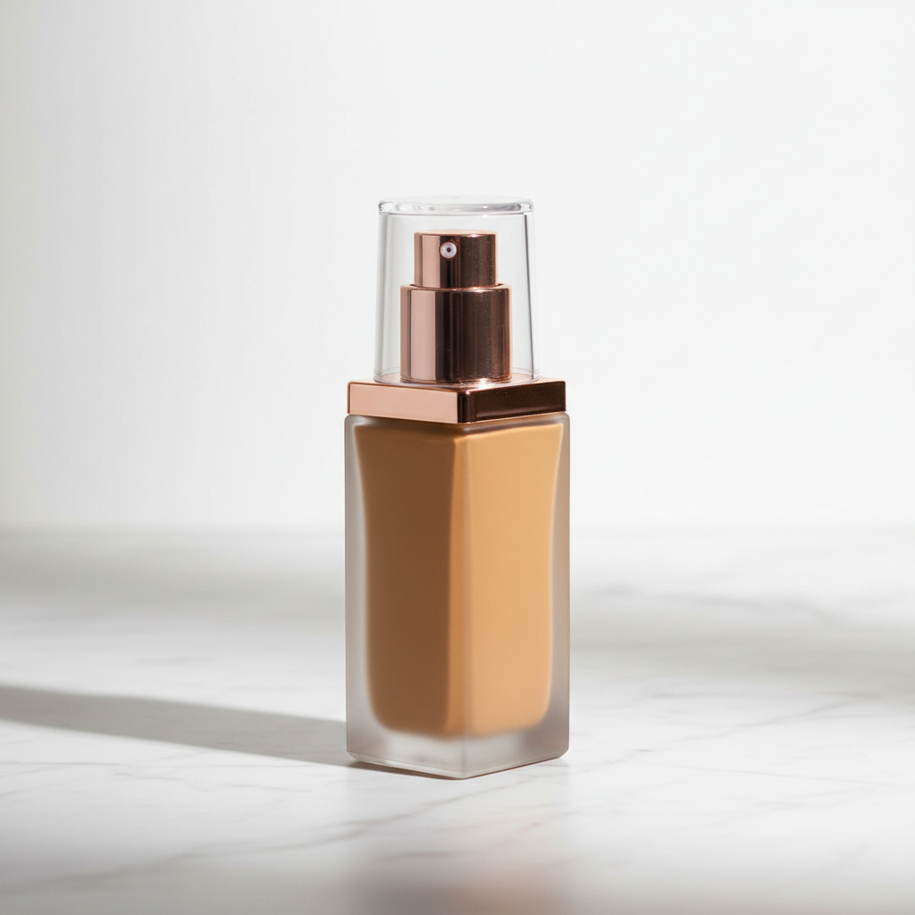 Caramel Tan liquid foundation in frosted glass bottle with rose gold pump on white marble