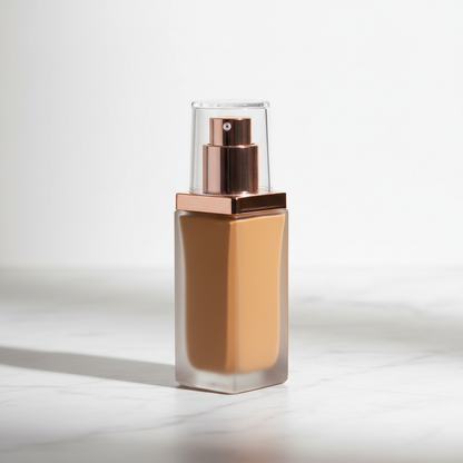 Caramel Tan liquid foundation in frosted glass bottle with rose gold pump on white marble