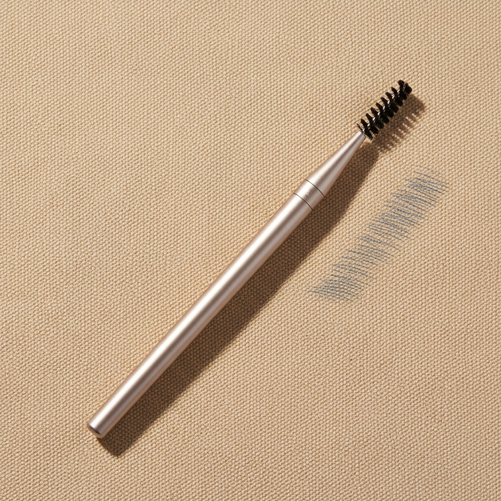 Ash Grey eyebrow pencil with spoolie and grey brow swatch on beige surface