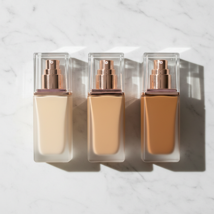 Three foundation shades in frosted glass bottles arranged in a row on white marble
