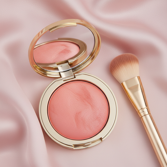 Coral Pink baked blush compact open with gold brush on pink silk